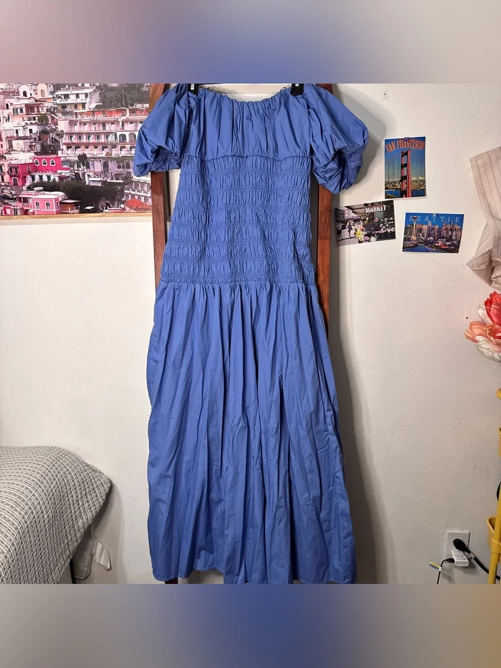 Abercrombie & Fitch Blue Off‑Shoulder Maxi Dress